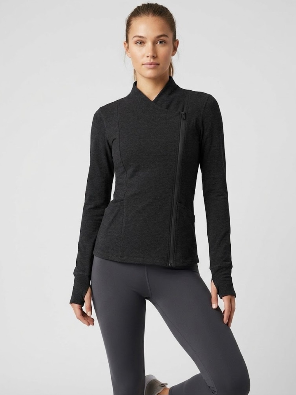 Beyond Yoga Cozy Fleece Asymmetric Moto Zip Jacket Dark Charcoal Charcoal XS